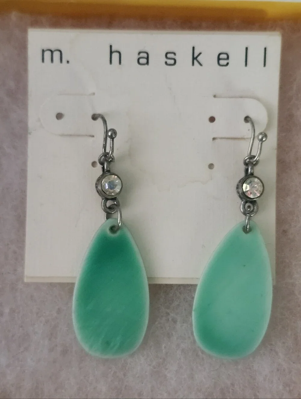 Miriam Haskell Green Teardrop Dangle Earrings with Clear Crystal